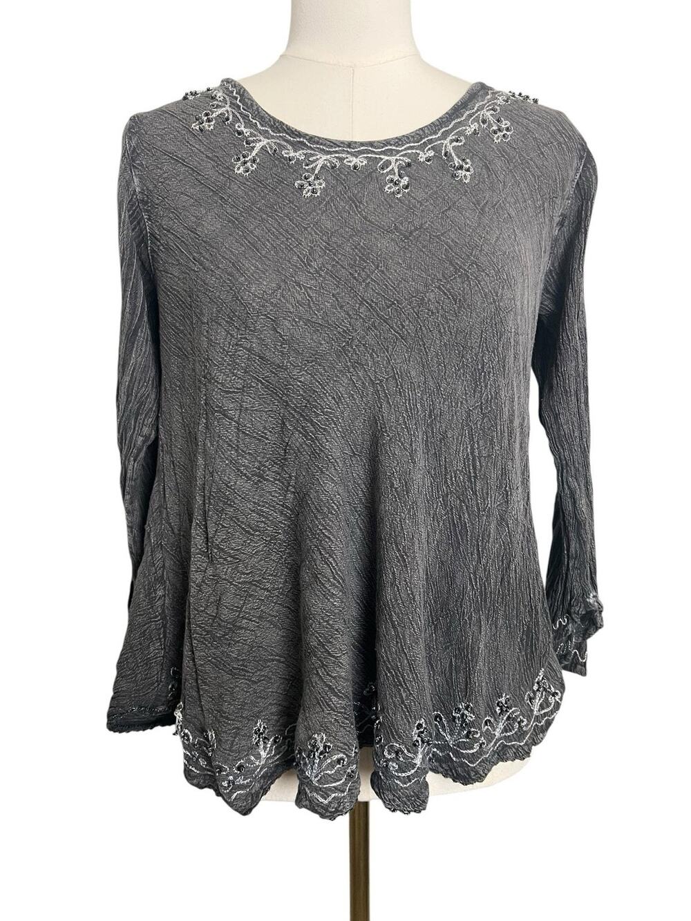 India Boutique Tunic Blouse Womens Free Size Gray Beaded Embroidered Boho Top